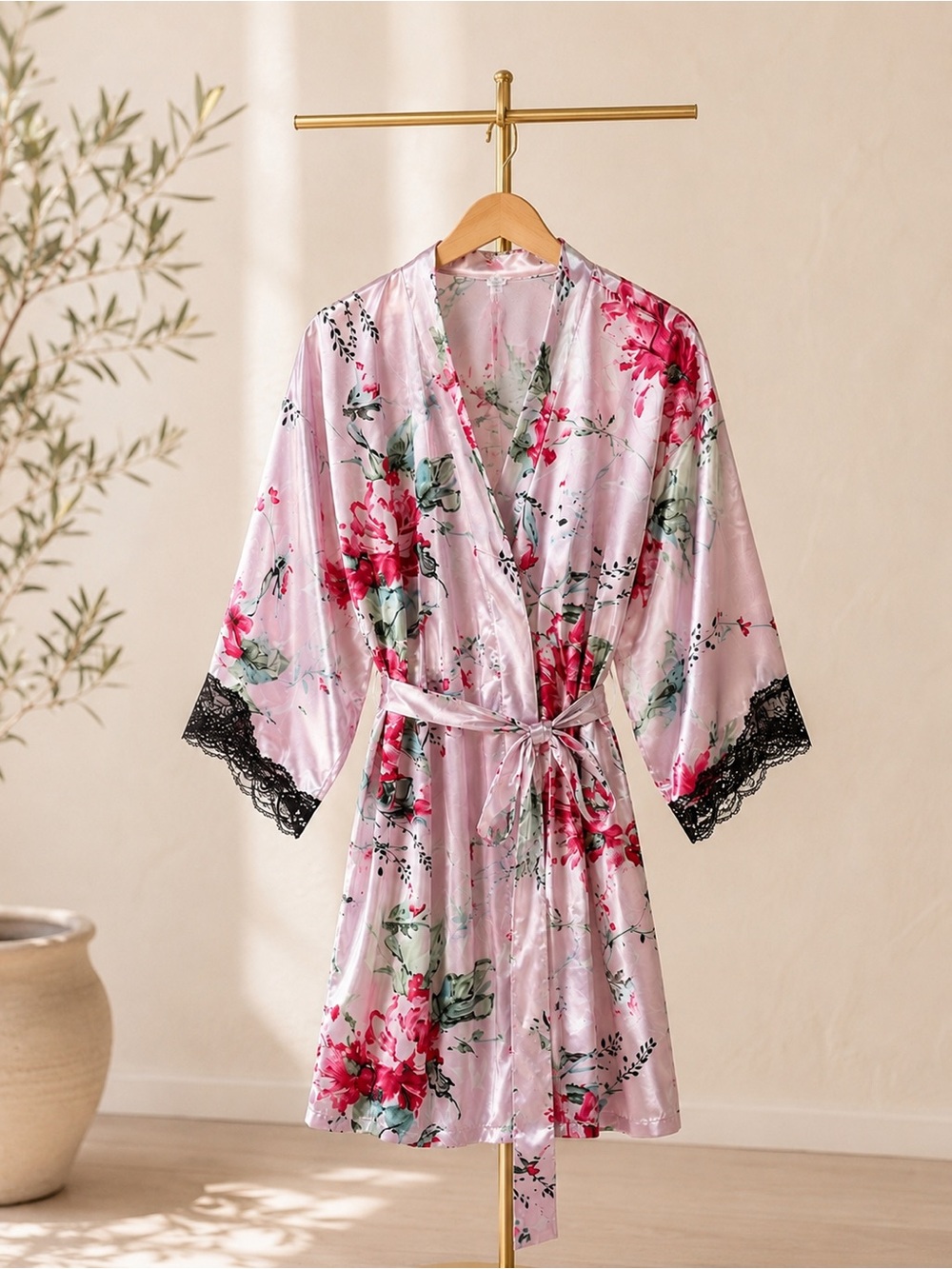 Floral Satin Robe Pink Black Lace Trim
